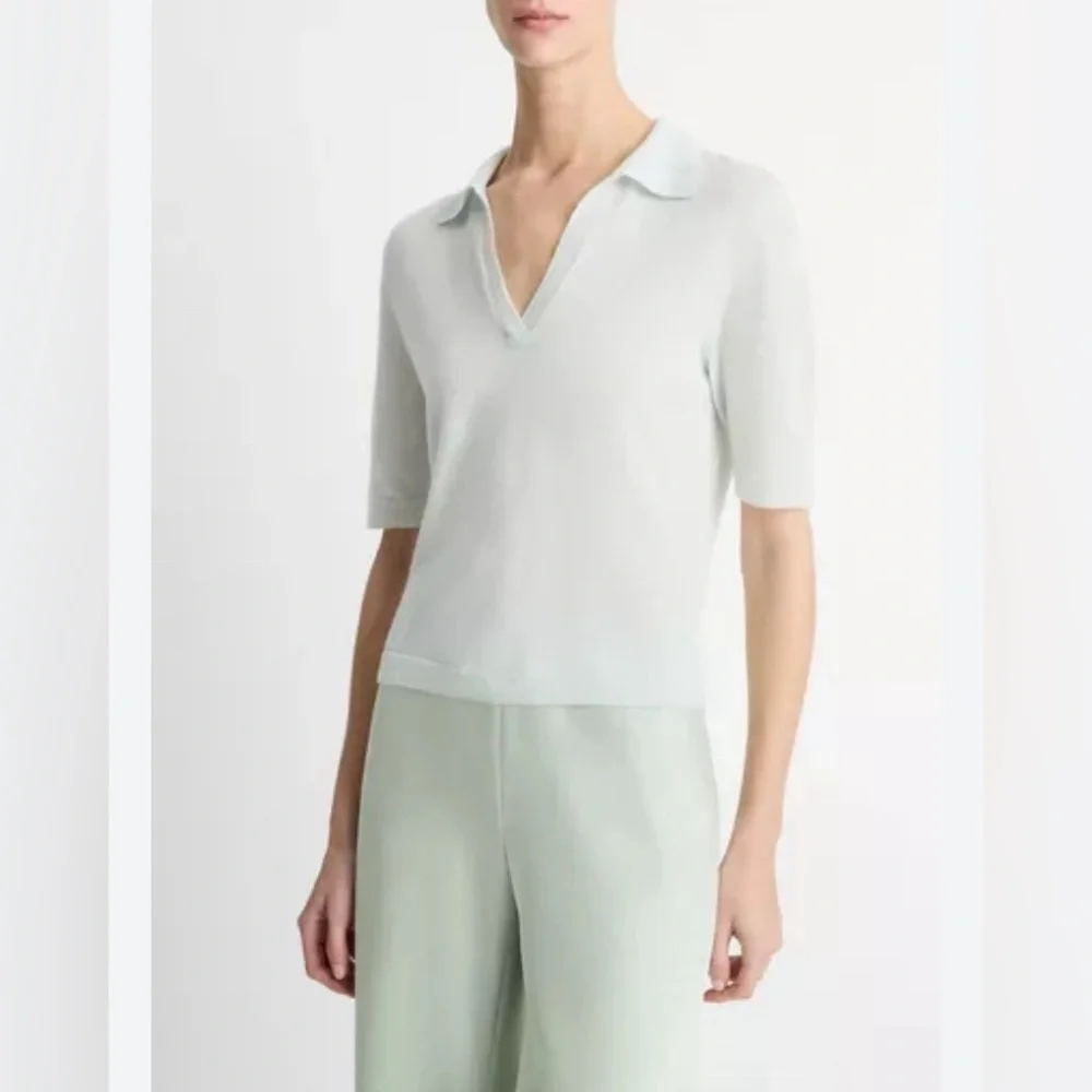 Vince Womens Cashmere-Silk Short-Sleeve Polo Sweater Size XL light Green